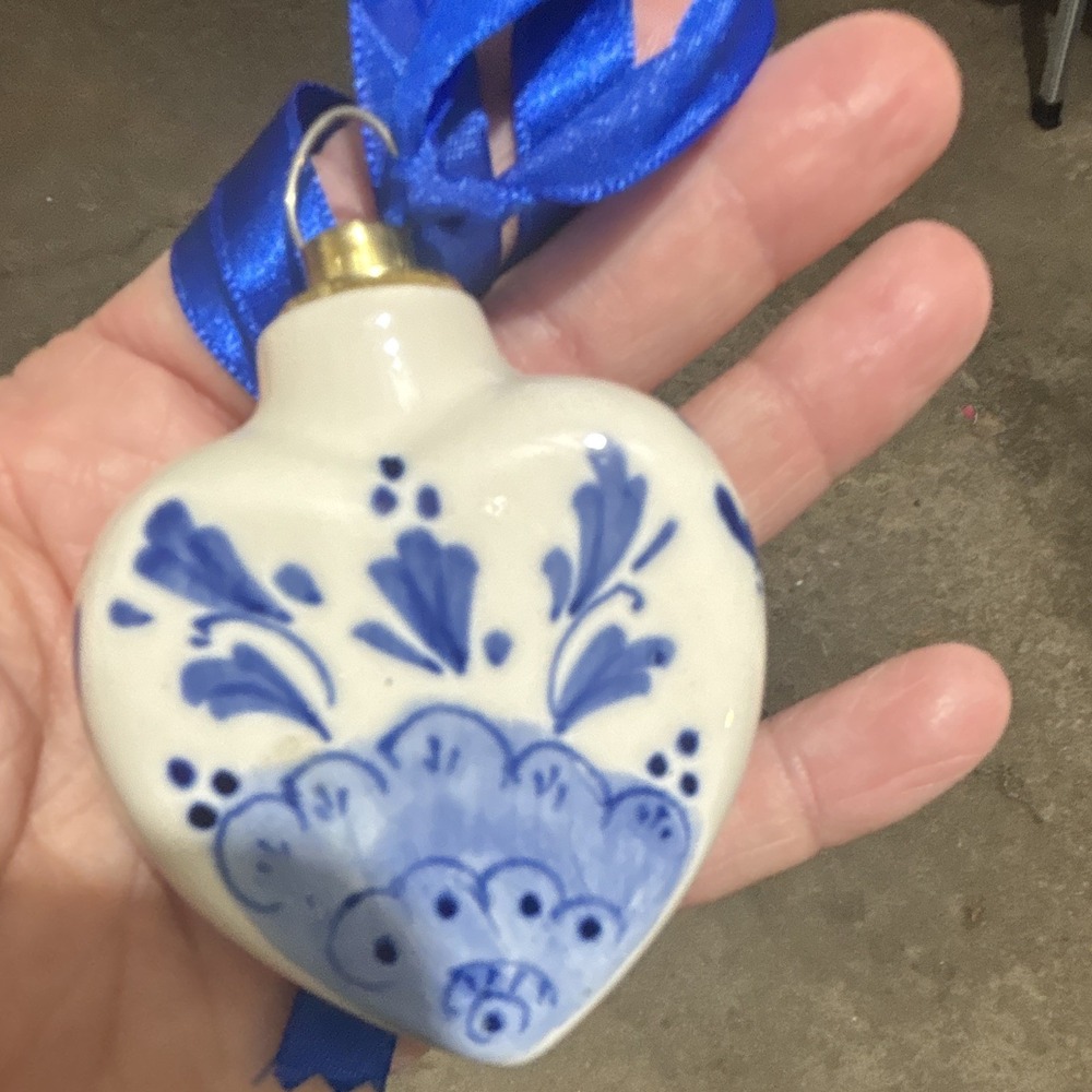 Holland Delft Blue Heart/Shaped Ceramic Christmas Ornament with Windmill Design
